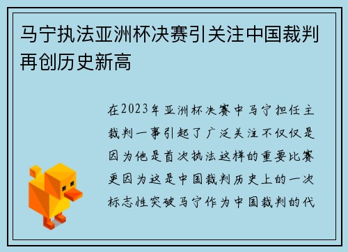 马宁执法亚洲杯决赛引关注中国裁判再创历史新高